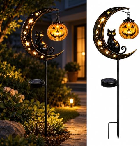 Solar Halloween Black Cat & Pumpkin Moon Garden Stake Light, with Hanging Pumpkin Lantern, Outdoor Halloween Decorations Yard Decor Lights for Garden, Patio, Lawn, Walkway, Porch(Style-A) by MUSICRAB