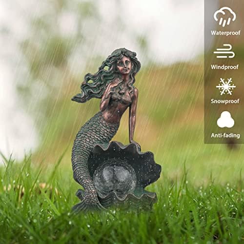 TERESA'S COLLECTIONS Mermaid Garden Statue Solar Resin Patina Bronze 12" - Image 4