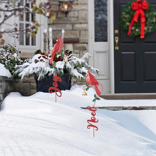 Glitzhome Set of 2 Metal Cardinal JOY & NOEL Yard Sign with Stake, 36"H Christmas Decorative Wall Hanging Decoration for Garden Home Lawn Pathway Walkway - Image 2