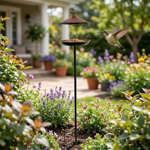 Bird Feeder Iron Standing Bird Bath Feeding Station Decorative Stake Birdbath Bowl Easy Installation Weatherproof Suitable for Outdoor Garden Lawn Cou, Copper Color - Image 5