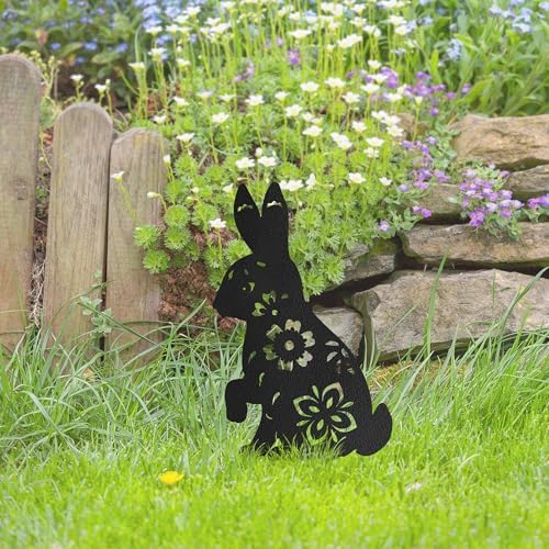 Floral Bunny Metal Garden Stake Decorative, Floral Cutout Design Silhouette Statues for Yard Art, Outside, Patio, Outdoor Decor, Garden Decorations, Lawn Ornaments - 18" Black - Image 5