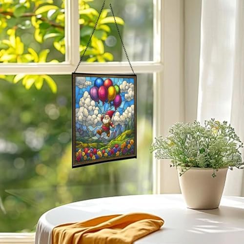 Balloon Flight Gnome Stained Glass Suncatcher – Square Hanging Window Panel for Home or Greenhouse – Whimsical Glass Art Gift for Garden Lovers, Christmas, Halloween, Father Days RCJoS8 - Image 3