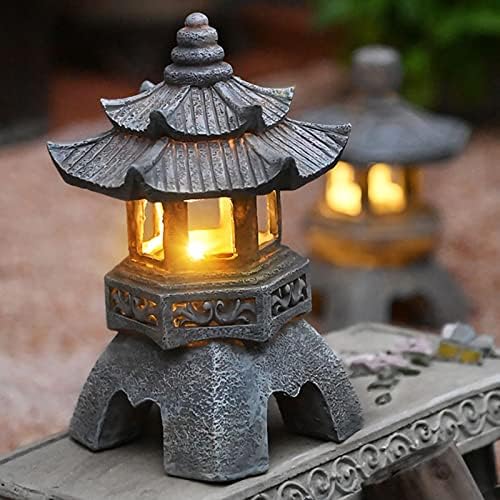Pagoda Asian Decor Garden Statue with Solar Garden Light - Imitation Stone Pagoda Lantern Outdoor Zen Figurine, Resin (Color : Gray, Size : 5.5" x 5.5" x 10.2") - Image 7