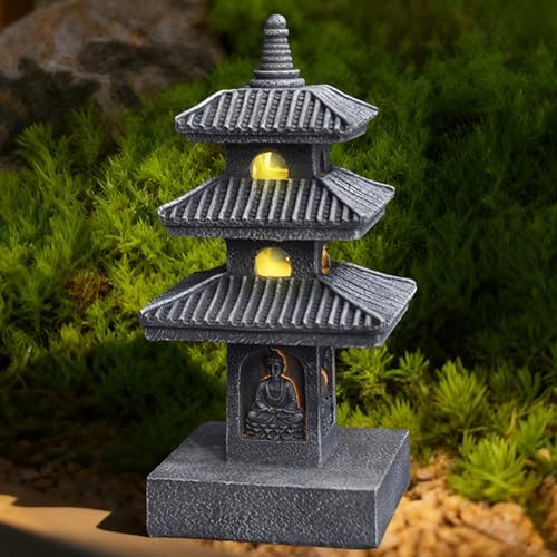 Japanese Lantern Pagoda Garden Statue, 10 Inch Weatherproof Solar Garden Decor, LED Light Zen Japanese Lantern for Backyard Balcony Patio Lawn Yard, Grey by Unknown