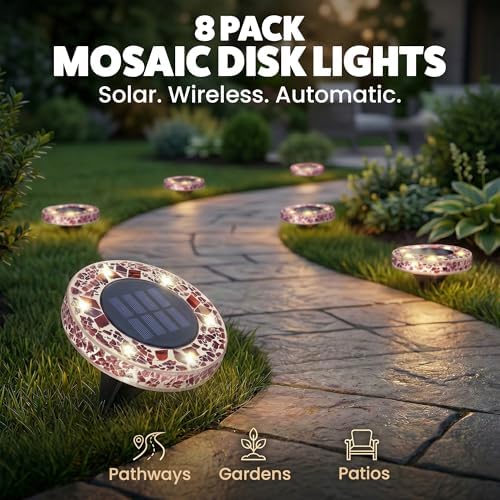Bell+Howell 8 Pk Mosaic Solar Lights Outdoor LED Disk Pathway Lights, Taupe - Image 2