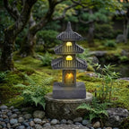 Pagoda Garden Statue, 10 Inch Weatherproof Solar Garden Decor, LED Light Zen Japanese Lantern for Backyard Balcony Patio Lawn Yard, Grey - Image 3