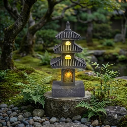 Pagoda Garden Statue, 10 Inch Weatherproof Solar Garden Decor, LED Light Zen Japanese Lantern for Backyard Balcony Patio Lawn Yard, Grey - Image 3