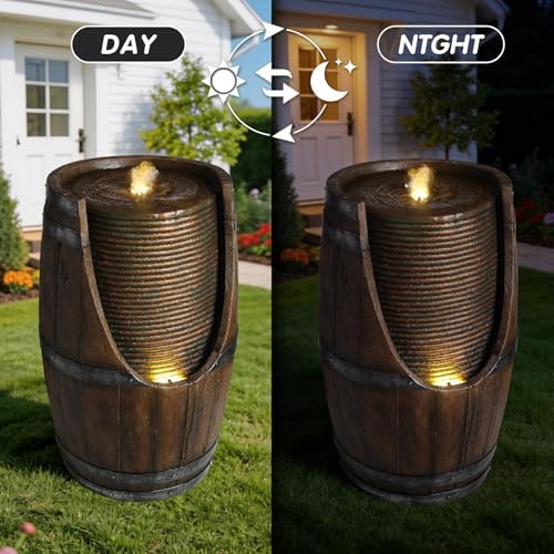 24.8 Inch Outdoor Water Fountain, Barrel Resin Cascading Water Feature with Warm LED Lights, Quiet Pump for Patio Garden Porch - Image 6