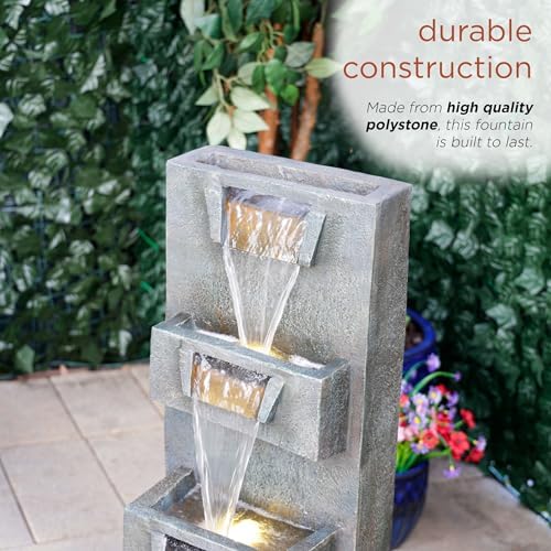 Alpine Corporation TZL406 33" 3 Tier Basin Cascading Fountain with LED Lights, Outdoor Water Feature for Garden, Patio, Backyard & Home Decor, Elegant Waterfall Design, Gray - Image 5