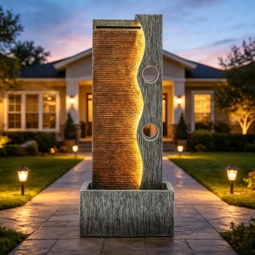 AUTODAYA 39" Zen Faux Slate Outdoor Fountain LED Cascading Waterfall - Image 6