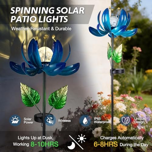 AIINY Solar Garden Lights Metal Flower Decor, Colorful Lotus Pathway Spinning Windmill with LED Cracked Crystal Ball Outdoor Decorative Stake Lighting Waterproof Flower Sculpture for Patio Yard - Image 5