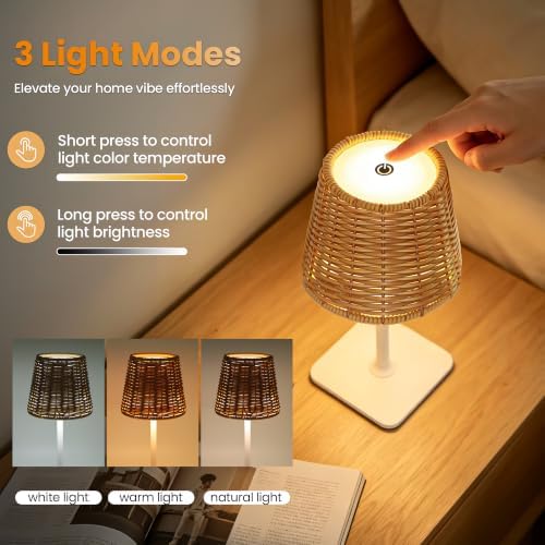 Waterproof Outdoor Rechargeable Cordless Table Lamp with Wicker Shade, Battery Operated Portable Table Light with Adjustable Height Pole, for Patio Restaurant Kitchen Dinner (White) - Image 4