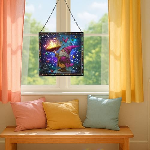 Magic Hat Gnome Stained Glass Suncatcher – Square Hanging Window Panel for Home or Greenhouse – Whimsical Glass Art Gift for Garden Lovers, Christmas, Halloween, Father Days 7Z3UEG - Image 5