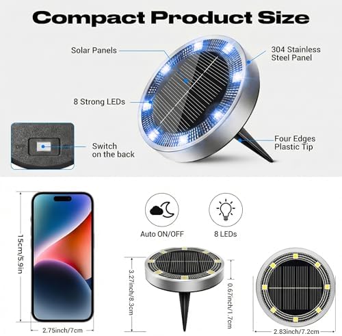 Peasur Mini Solar Ground Lights Outdoor, 8 Pack Flat Solar Powered Disc Lights, IP68 Waterproof, Anti-Rust, Landscape Lighting for Pathway Garden Yard Lawn Walkway Landscape Driveway, Blue - Image 5