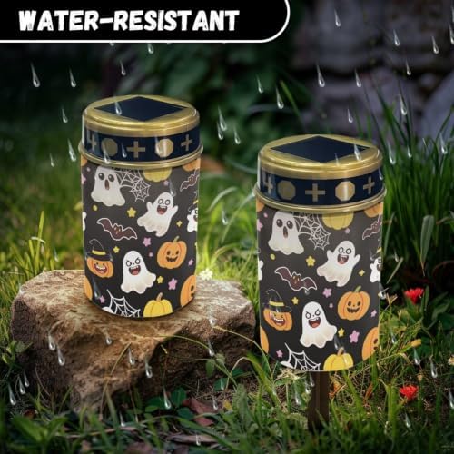 Poceacles Flameless Candle Solar Powered Grave Outdoor Lights Cemetery Candle Flameless Fake LED Pillar Lights Outdoor Halloween Decoration, Cute Ghost Pumpkin Bat Print Black, Pack of 4 - Image 6