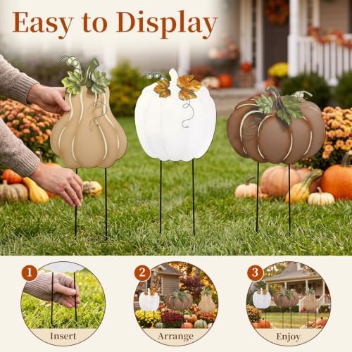 Hicarer 3 Pcs Fall Outdoor Decor Metal Pumpkin Yard Stakes Autumn Harvest - Image 4