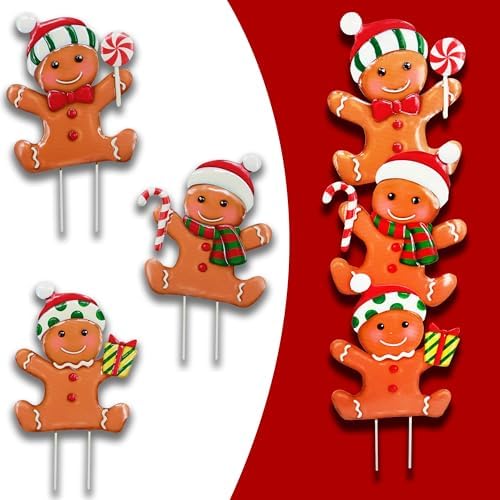 3 Pack Metal Christmas Yard Signs Decor for Multiple Stacked,Voumsil Christmas Yard Stakes with Gingerbread Man Fall Yard Decor for Outside Garden Yard Lawn Porch by Voumsil