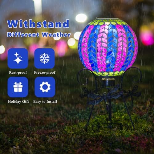 Starsoul Solar Gazing Ball, 10" Vibrant Purple Mosaic Gazing Balls with Stand, Glass Garden Globes for Outdoor Lawn Yard Patio Decor - Image 3