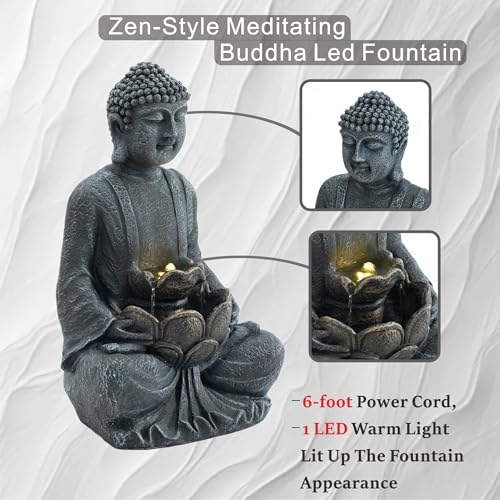 28'' Zen Buddha Water Fountain with LED Light and Pump, 2 Tier Polyresin Meditating Buddha Outdoor Fountain, Lighted Waterfall Statue for Garden Patio Backyard Indoor Decor - Image 3