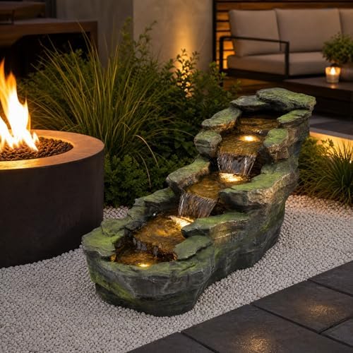 Rock Waterfall Fountain with LED Light, Resin Outdoor Garden Water Feature by MakensGardenSupply