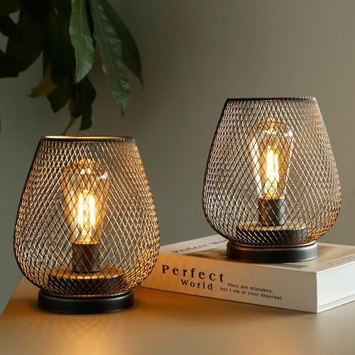 TRIROCKS Set of 2 Medium Battery Powered Outdoor Lantern 6.5'' High Metal Table Lamp Cordless Battery Operated Lamps with LED Edison Bulb for Home Wedding Parties Patio Events Indoors Outdoors(Brown) by TRIROCKS