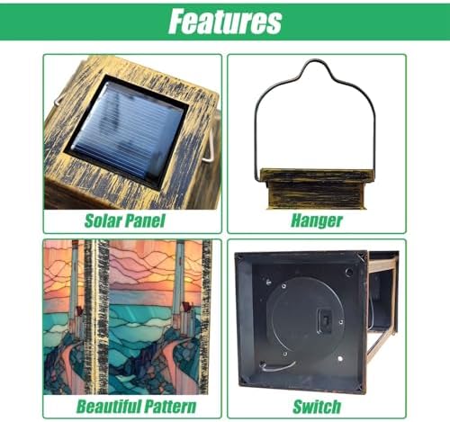 Solar Lantern Sunset Lighthouse Stained Glass Outdoor Garden Hanging Lantern Waterproof Solar Powered Lighting Outside Table Lamp for Deck Yard Camping Patio Decor - Image 3