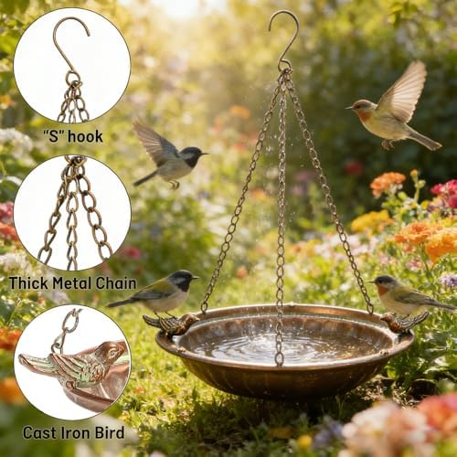 16" Hanging Bird Bath for Outdoors, Metal Bird Bath Bowl - Image 3