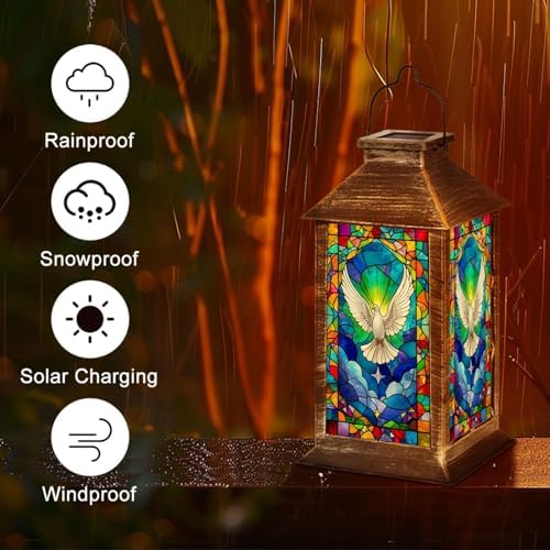 Solar Lantern Vibrant Stained Glass Dove Radiant Colors Abstract Design Garden Hanging Lantern Waterproof Solar Powered Lighting Outdoor Table Lamp for Deck Yard Camping Patio Christian Decor - Image 5