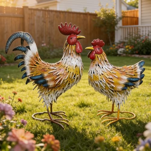 Metal Chicken Family Decor, Yard Rooster & Hen Ornaments, 2pcs - Image 7