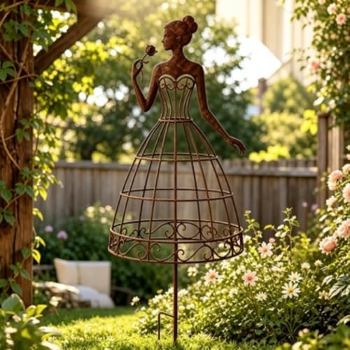 Metal Lady Garden Trellis for Climbing Plants, Decorative Dress‑Shaped Plant Support Stake, Vintage Rust‑Finish Flower Trellis for Yard Lawn Patio Outdoor Decor (2) - Image 4