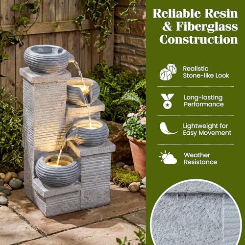 Giantex 4-Tier Water Fountain Outdoor, 23 Inch Cascading Bowls Waterfall Fountain with Warm LED Lights & Pump, Outside Zen Water Feature for Patio, Balcony, Deck, Garden, Yard Decor - Image 5