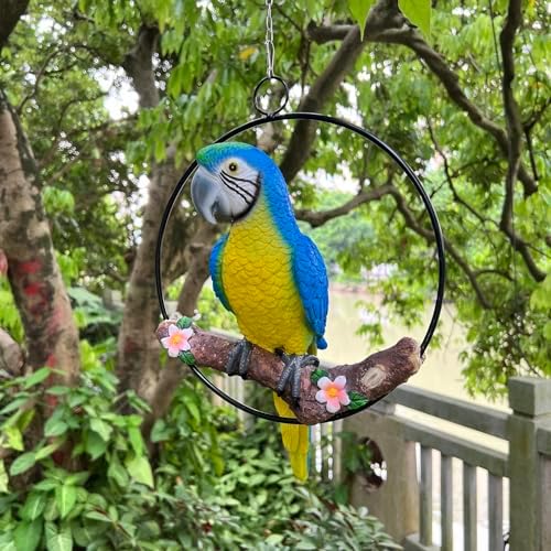 Hanging Scarlet Macaw Parrot Perching on Branch in Metal Round Ring for Home Patio Garden Decor 16" H (Blue and Yellow) by BSIRZAM