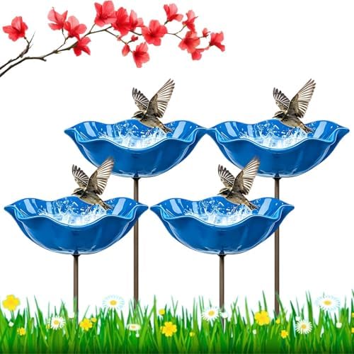 4PC Handmade Metal Flower Garden Stake, Outdoor Bird Bath and Butterfly Watering Station, Bee Watering Flower Stake for Garden Yard, Metal Flower Garden Stakes Bird Bath (Blue) by Lubunet