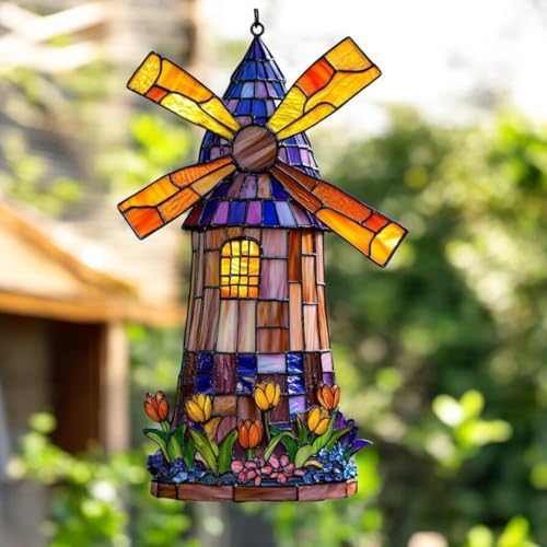 Acrylic Suncatcher Indoor Colorful Window Hanging Ornament Outdoor Sun Catcher Panel for Home Decor Car Garden Crystal Gift Dutch Windmill and Tulip Garden Suncatcher by Unknown