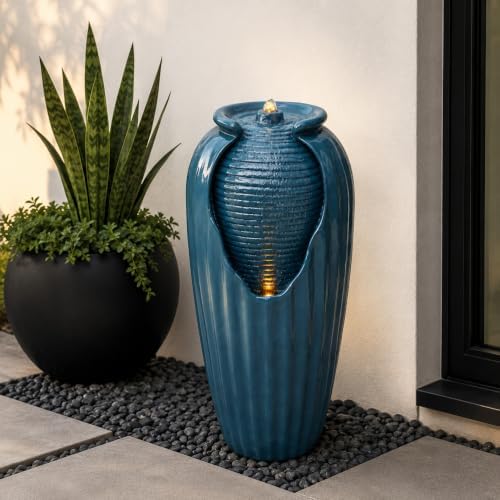 Teamson Home 32 in. Outdoor Contemporary Glazed Contoured Vase Water Fountain with LED Lights to Create a Calming Oasis in Gardens and Landscaping, on Patios, Balconies, Lawns, Teal Blue - Image 2
