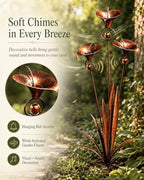 Flamed Copper Three Calla Lilies Garden Stake with Bells, 24 Inch Metal Flower Yard Art Decor, Handmade Rain Catcher Sculpture, Rustic Wind Chime Ornament for Patio Lawn Backyard Gift Idea - Image 3