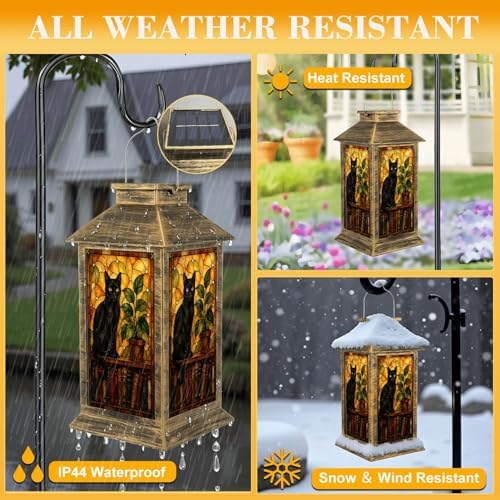 Solar Lantern Outdoor Waterproof Black Cat Silhouette Bookshelf Potted Plant Stained Glass Style Garden Decor LED Hanging Solar Lights Tabletop Lamp Gifts for Women Mom Outside Yard Patio Porch - Image 3