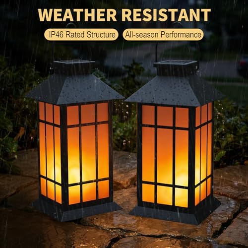 Solar Lanterns Outdoor Waterproof, 2 Pack 13" Metal & Glass Hanging Solar Lantern Lights, Grid Pattern IP46 Decorative Outdoor Solar Lanterns for Patio Table Yard Porch Garden Decor - Image 2