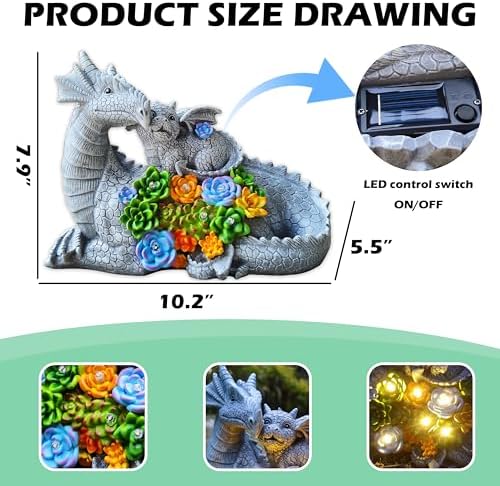 Solar Dragon Garden Statues Outdoor Decor, Resin Dragon Figurine with Succulent and 6 LED Lights Lawn Patio Balcony Art Decoration,Housewarming Birthday Gifts for Grandma Mom Women - Image 2