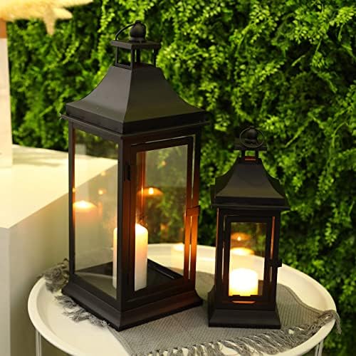 JHY DESIGN Set of 2 13''&19.5''Tall Outdoor Candle Lanterns Vintage Hanging Tower Lantern Metal Candle Holder for Garden Living Room Indoor Outdoor Parties Weddings Balcony(Black) - Image 4
