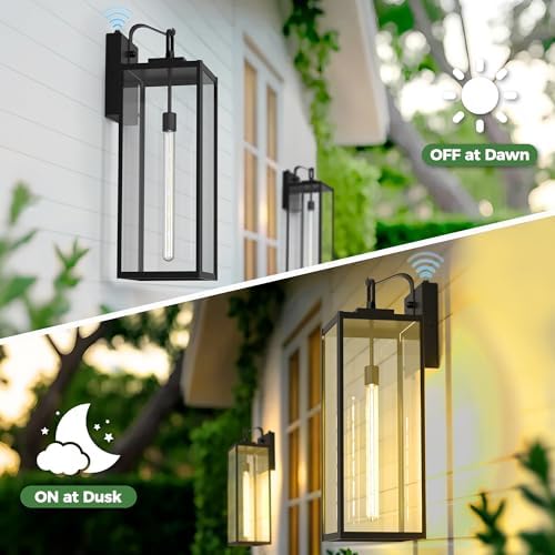 DORESshop 24 Inch Large Size Dusk to Dawn Outdoor Wall Lights, Matte Black Waterproof Anti-Rust Outdoor Light Fixtures Wall Mount with Clear Glass Shade for Porch, with T30 Light Bulbs, 2 Pack - Image 4