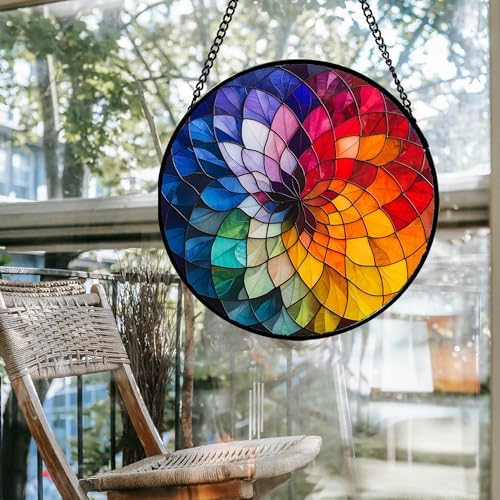 Stained Glass Window Hanging - Colorful Flowers Sun Catcher for Door Terrace Garden Home Decor, Abstract Gradient Suncatcher Birthday Gifts for Lovers Women Men Dad Mom Nana 9.8 in - Image 4