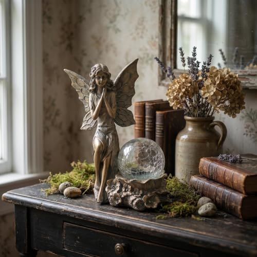 Garden Fairy Statue Outdoor Decoration, Outdoor Solar Light Fairy Garden Sculpture & Statue Patio, Lawn, Yard Accessories, Resin Copper Bronze Angel Figurines for Outside Decor, Gifts for Mom - Image 3