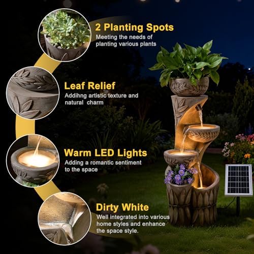 35.6" Solar Outdoor Water Fountain - Relief Leaf Design 4 Tiers Fountains - Image 3