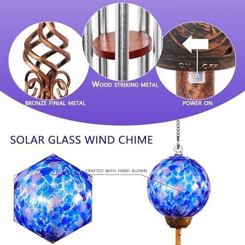 Wind Chimes, Solar LED Outdoor Garden Lighting, Light Biue Glass and Metal Wind Chime Lawn and Yard Decoration with Bronze Metal Finial, 5 x 46.5 Inch (Dark Blue) - Image 2