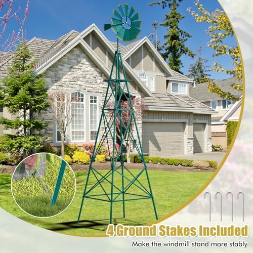 Goplus 8 ft Ornamental Windmill, All-Weather Metal Wind Mill w/ 4 Support Legs, Decorative Weathervane for Backyard, Garden, Farm, 4 Ground Stakes Included (8ft-Green) - Image 5