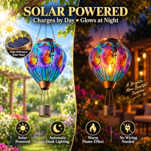 Butterfly Solar Hot Air Balloon Lantern, Glass Flickering Flame Light - Image 6