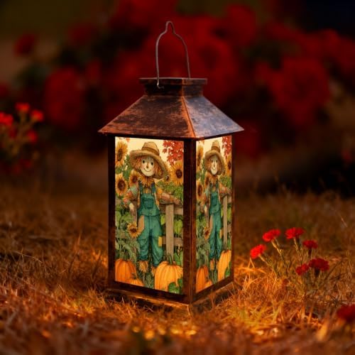 Fall Solar Lantern Rustic Harvest Watercolor Sunflowers Pumpkins Maple Leaves Waterproof Outdoor Hanging Lantern, Solar Powered Garden Light for Patio Yard Camping, Halloween Gift by Unknown
