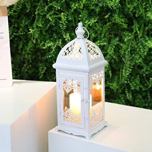 JHY DESIGN Filigree Decorative Candle Lantern 15''High Metal Candle Lanterns Vintage Style Hanging Lantern Decorations with Glass for Indoor Outdoor Events Parities Weddings (White) - Image 3