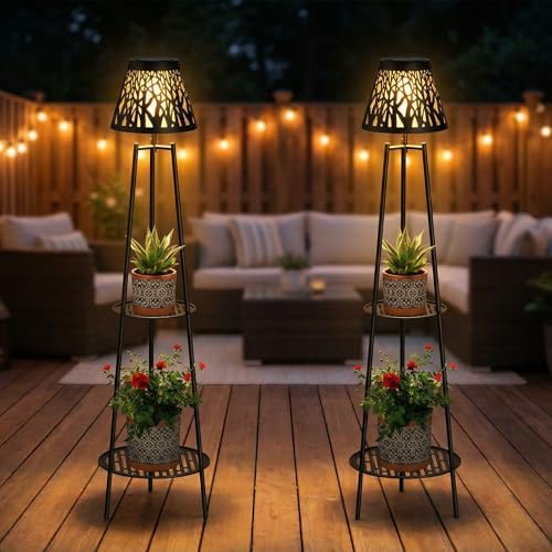 2 Pack Solar Floor Lamps Outdoor with 2-Tier Plant Stand, Metal Tall Planter Holder with Waterproof LED Lantern, Decorative Patio Light & Flower Pot Display Rack for Garden, Deck, Porch, Balcony - Image 4